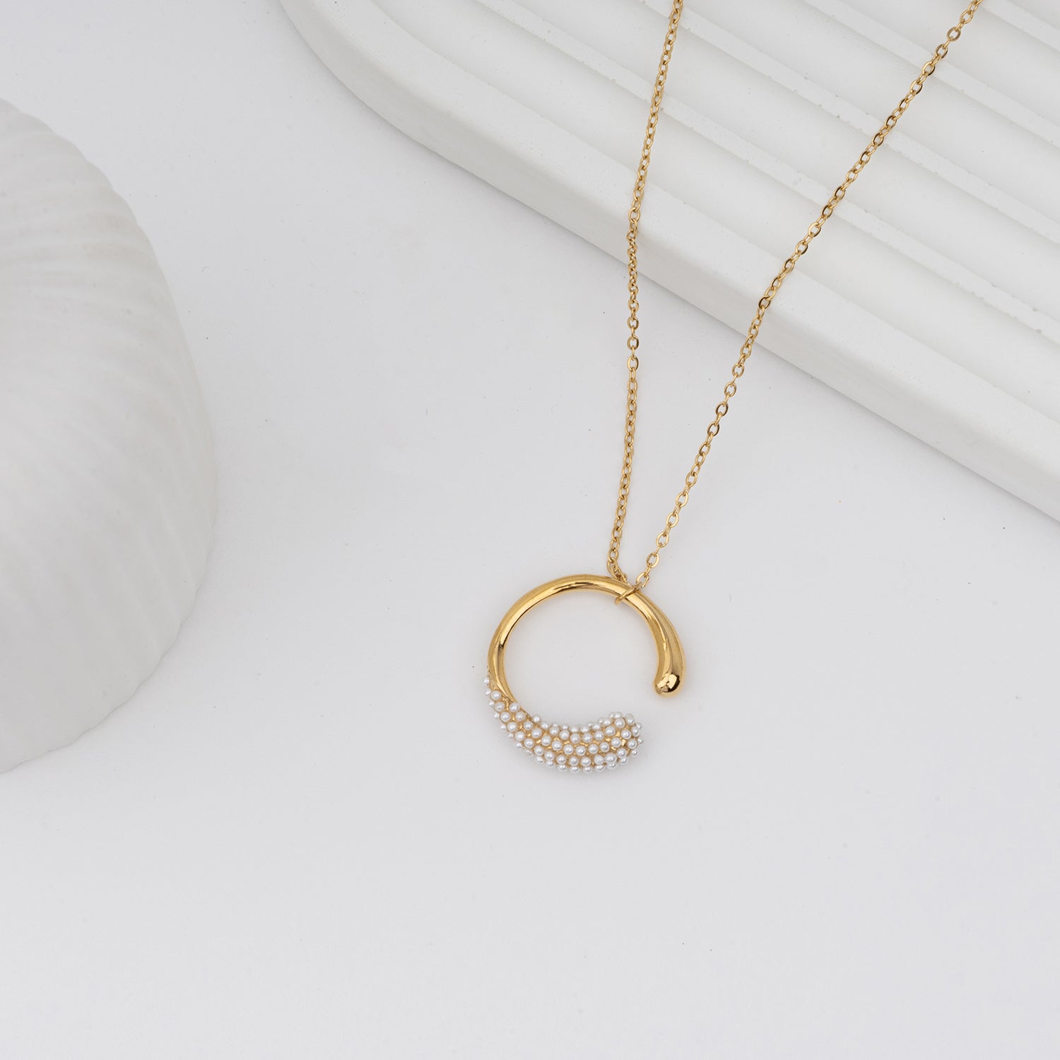 Pearl & Gold Crescent Necklace