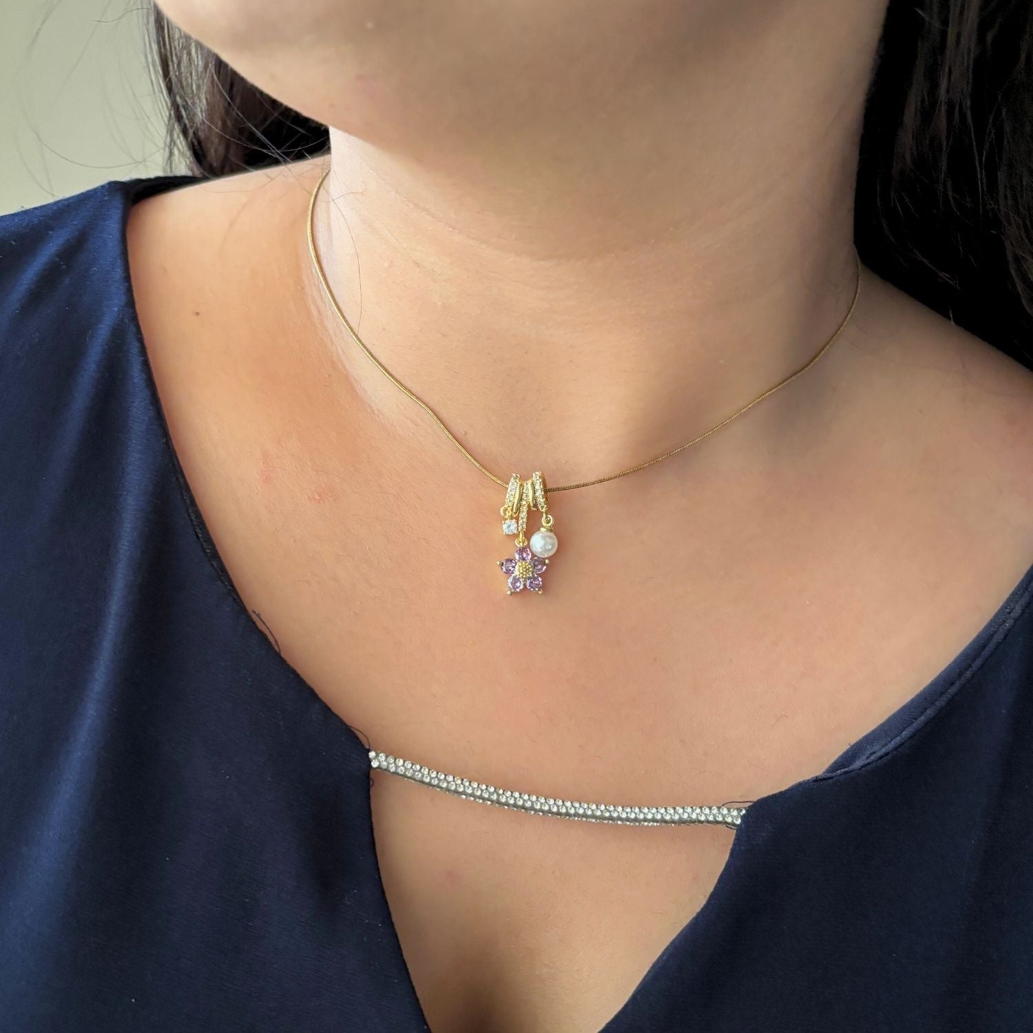 Purple Floral Charm Necklace